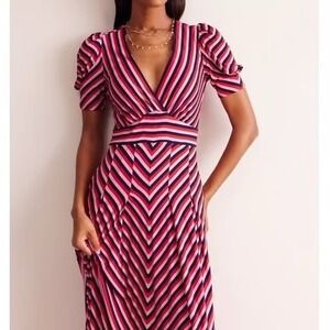 Boden Kristen Red Pleated Stretch Jersey Striped Midi Dress Retro Romantic Sz 6P